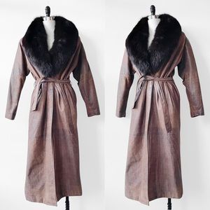 Vintage Fur Collar Brown Genuine Leather Belted Long Trench Coat